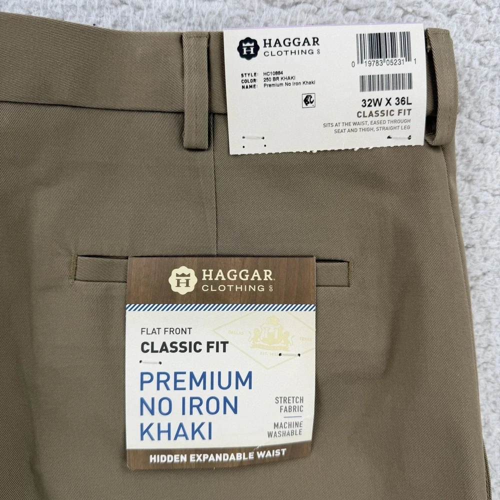 Haggar Premium No Iron Khaki Pants Mens 32x36 Beige Classic Fit Stretch Office